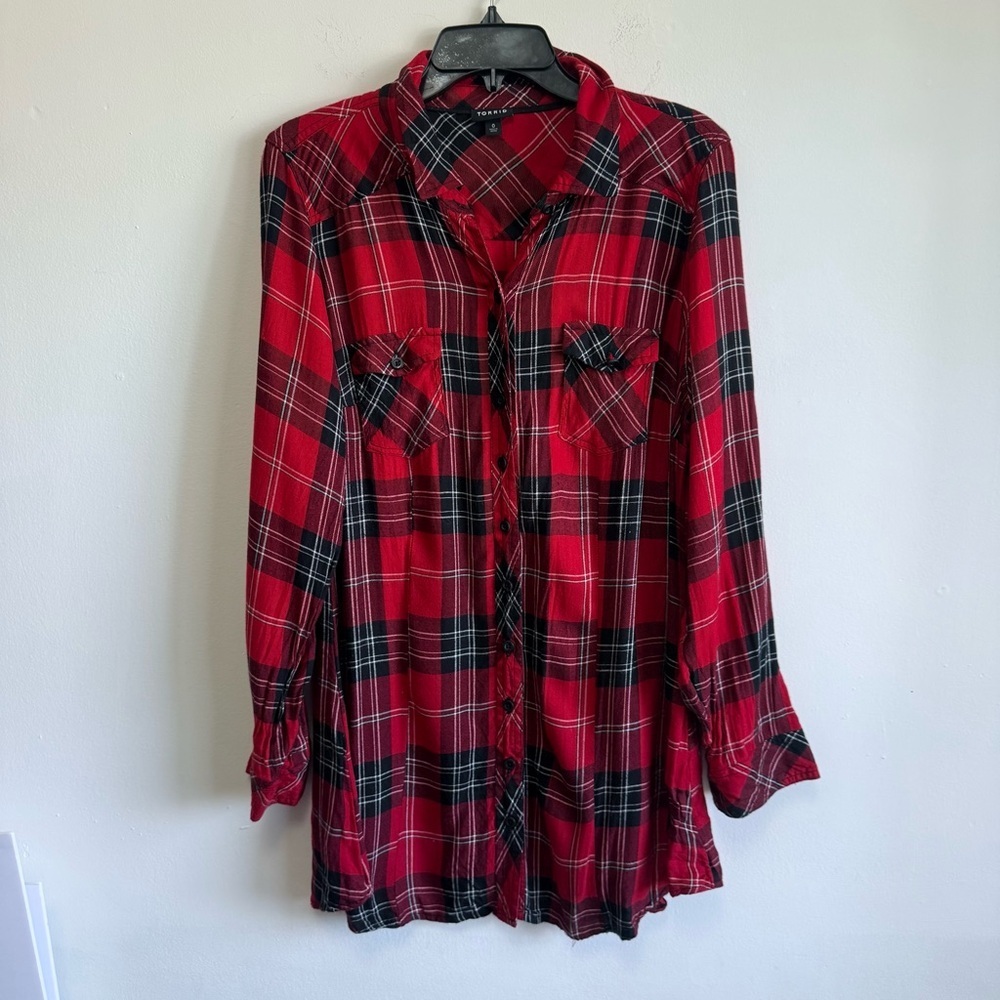 Torrid Red Tartan Plaid Button Up Shirt 0 Grunge Punk Cabincore Fall Classic